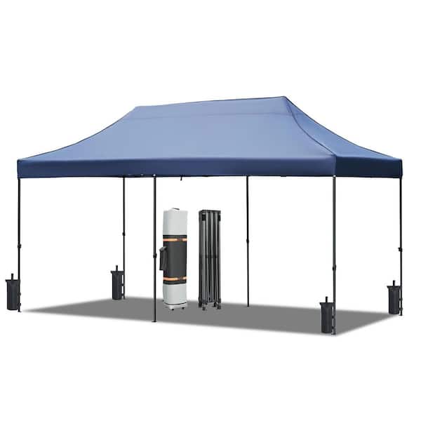 10 ft. x 20 ft. Height Adjustable Outdoor Pop Up Canopy Tent in Navy Blue with 6 Sidewalls and Roller Bag