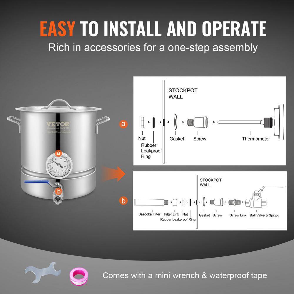 VEVOR 5-Gallon Stainless Steel Induction Brewing Kettle with Thermometer