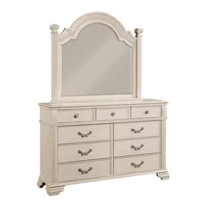 Erminia 9-Drawer Antique White Dresser with Mirror (82.13 in. H x 62 in. W x 17 in. D)