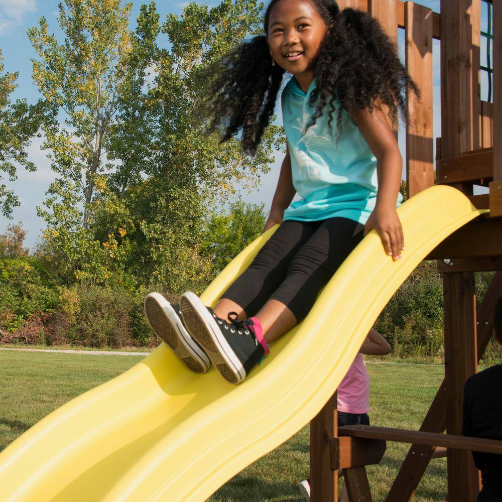Castlebrook Wooden Swing Set with Yellow Slides and Climbing Wall