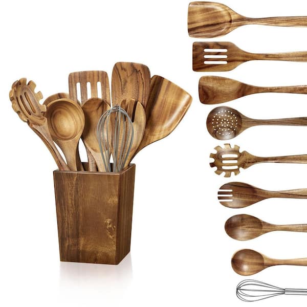 11-Piece Natural Teak Wood Cooking Utensil Set with Holder, Spoon Rest, Metal Hooks, Heat-Resistant Spoons