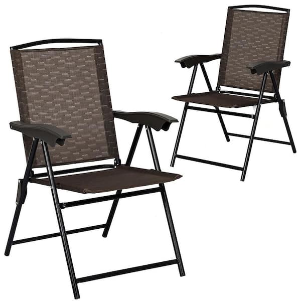 HONEY JOY Folding Sling Metal Patio Armrest Adjustable Outdoor Lounge Chair in Brown (2-Pack)