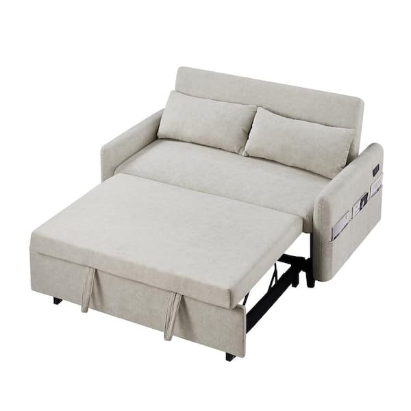 Harper & Bright Designs Loveseat 55.1 in. Beige Microfiber Twin Size Sleep Sofa Bed, Adjustable Backrest, Storage Pockets and 2-Soft Pillows