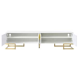 White/Gold TV Stand Fits TV's Up to 80 in. with Metal Legs and Gold Handles, Cabinets and Adjustable Shelves