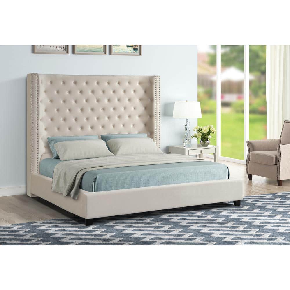 Regal Velvet Nailhead-Trim King Platform Bed with Upholstered Headboard