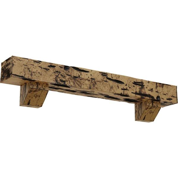 Ekena Millwork 6 in. x 8 in. x 4 ft. Pecky Cypress Faux Wood Fireplace Mantel Kit, Ashford Corbels, Natural Golden Oak
