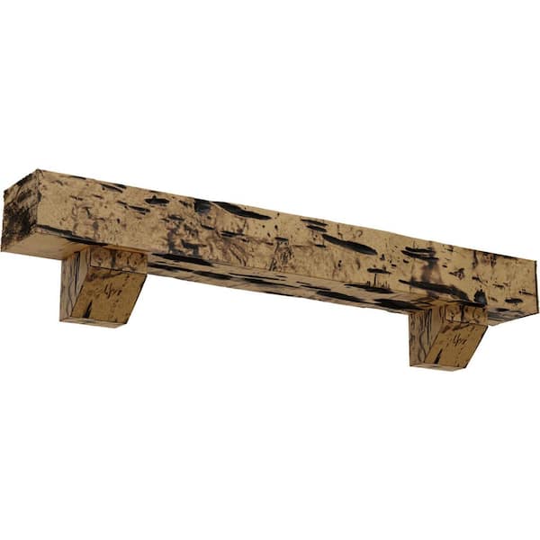 Ekena Millwork 8 in. x 10 in. x 7 ft. Pecky Cypress Faux Wood Fireplace Mantel Kit with Ashford Corbels, Natural Golden Oak