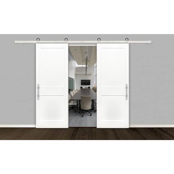 60 in. x 80 in. Bi-Part Shaker 2-Panel Solid Core Primed Pine Sliding Barn Door with Satin Nickel Hardware Kit