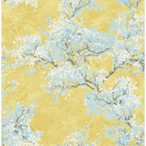 Cherry Blossoms Gold, Greige, and Sky Blue Paper Strippable Roll (Covers 56.05 sq. ft.)