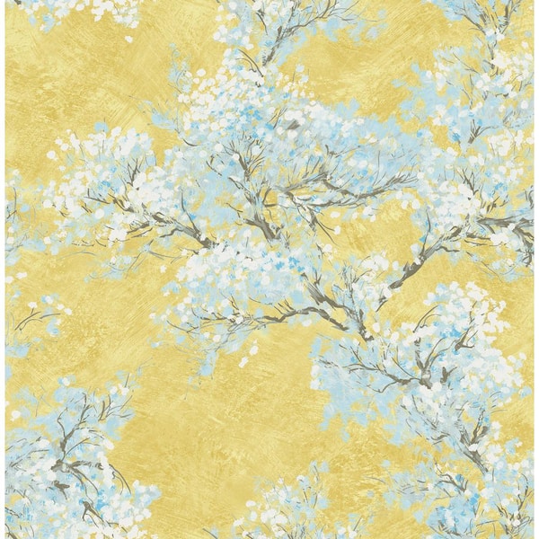 Seabrook Designs Cherry Blossoms Gold, Greige, and Sky Blue Paper Strippable Roll (Covers 56.05 sq. ft.)