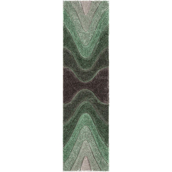 San Francisco Luz Modern Geometric Shag Hand-Carved, Green 2 ft. 7 in. x 9 ft. 10 in. Runner, Area Rug