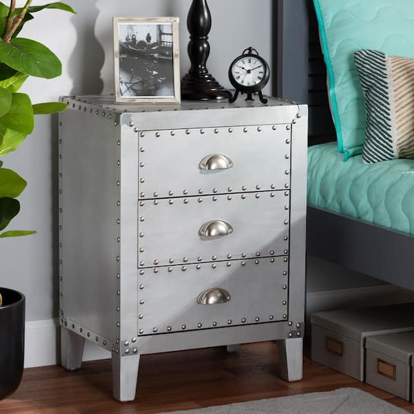 Baxton Studio Claude 3 Drawer Silver Nightstand 160 10250 HD The