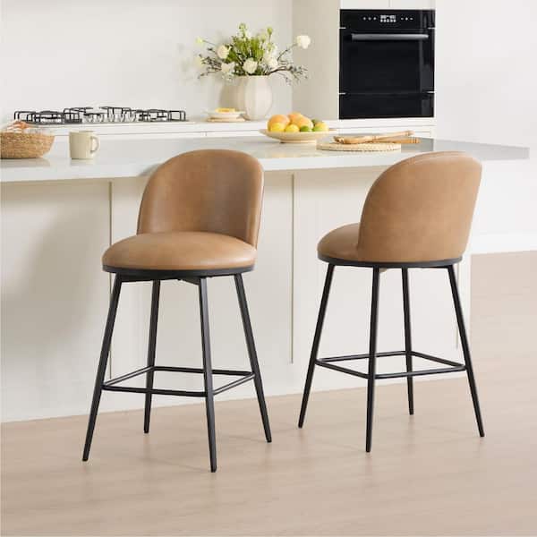 Spruce & Spring Nico Brown Faux Leather 360° swivel Counter Height Bar Stool with Metal Frame and footrest for diningroom (Set of 2)