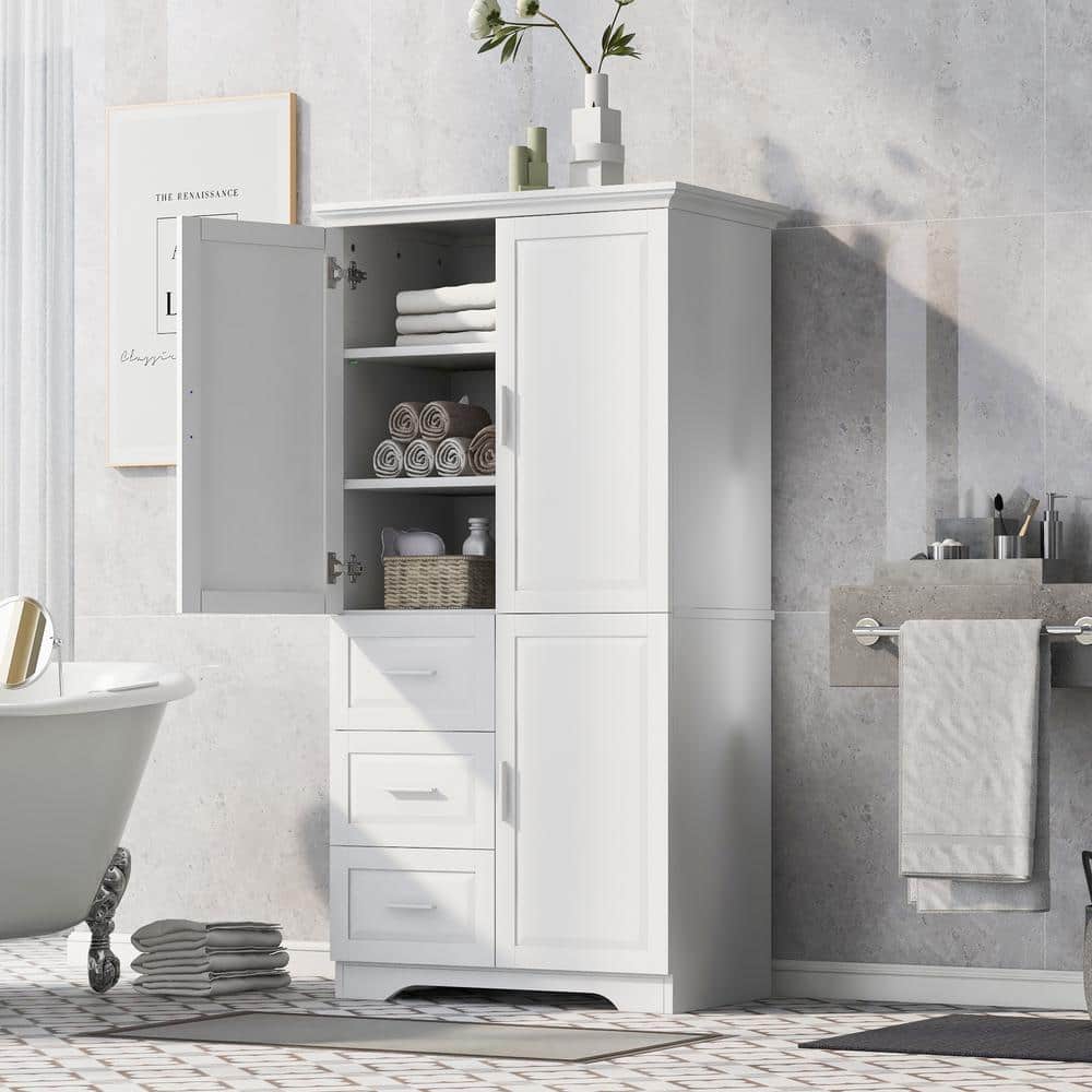 32.6 in. W x 19.6 in. D x 62.2 in. H White Linen Cabinet Tall and Wide Floo