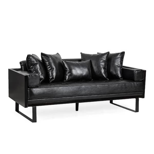 Noble House Gould 2-Seat Midnight Black and Black Faux Leather Oversized Loveseat