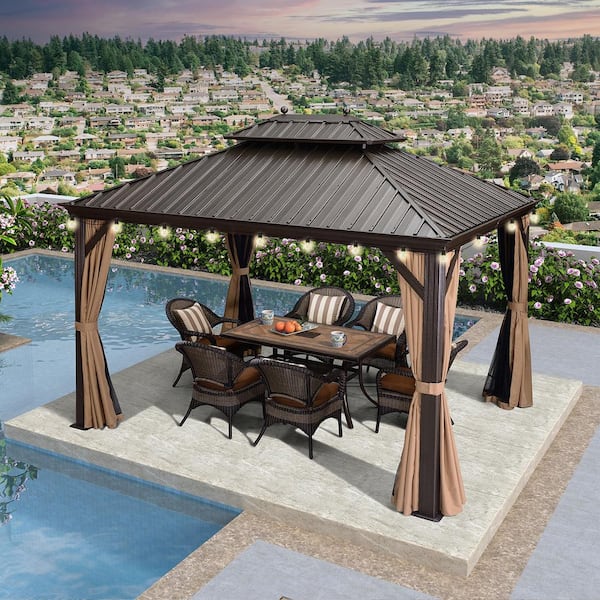 10 ft.x 12 ft.Bronze Patio Outdoor Gazebo for Backyard Hardtop Aluminum Frame with Hooks,Netting,Khaki Curtain,24-Lights