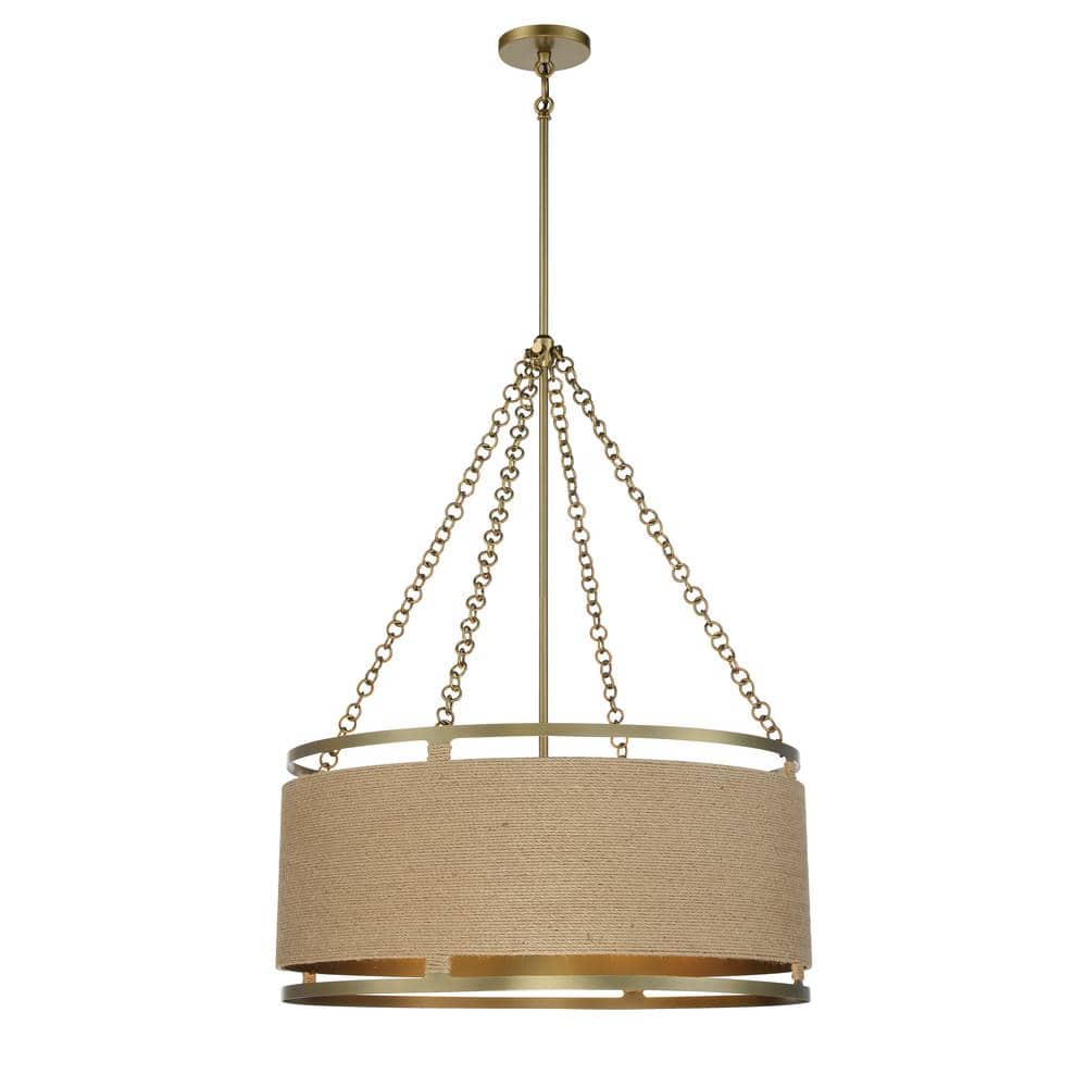 Windward Passage Soft Brass 6-Light Drum Pendant with Natural Rope Shade