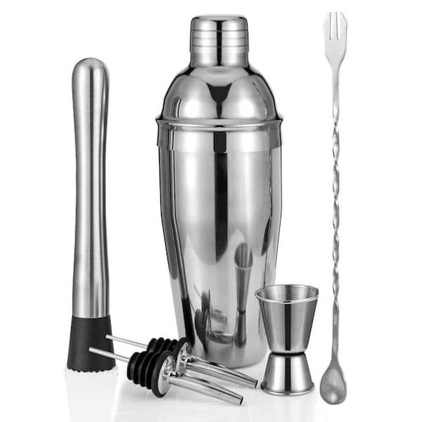 6-Piece Stainless Steel Cocktail Shaker Set with Jigger, Muddler, Mixing Spoon, and Pourers for Bartending