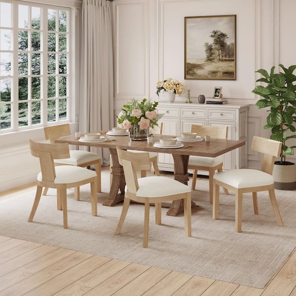 Myers 7-Piece Expandable Rectangle Dining Set with Cushioned Seats, Solid Wood Frame, Natural and Beige