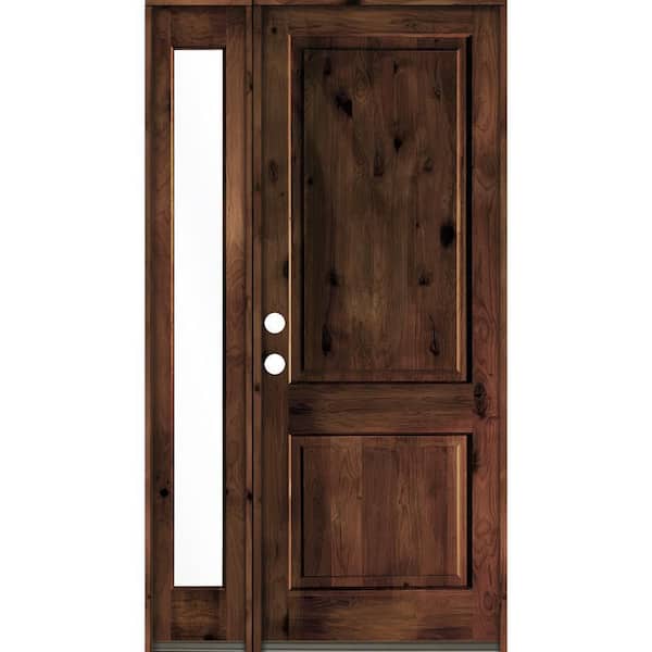 Krosswood Doors 50 in. x 96 in. Rustic knotty alder Right-Hand/Inswing Clear Glass Red Mahogany Stain Wood Prehung Front Door w/Sidelite