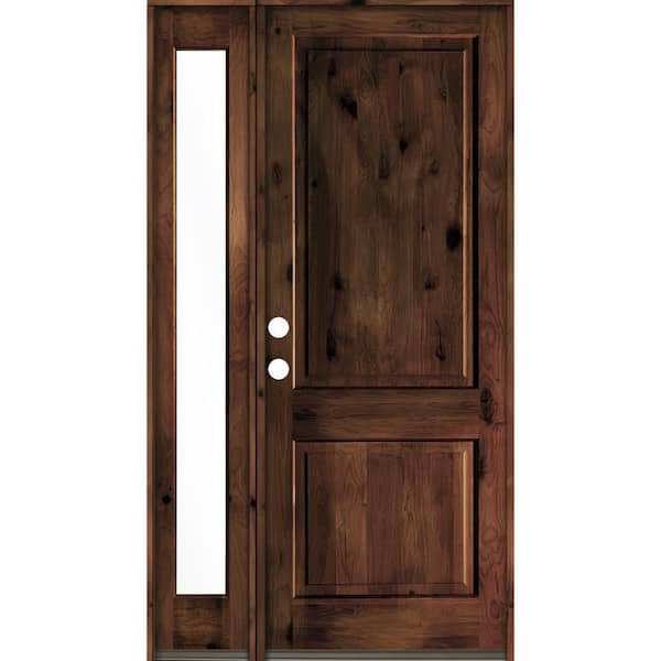 Krosswood Doors 56 in. x 96 in. Rustic knotty alder Right-Hand/Inswing Clear Glass Red Mahogany Stain Wood Prehung Front Door w/Sidelite