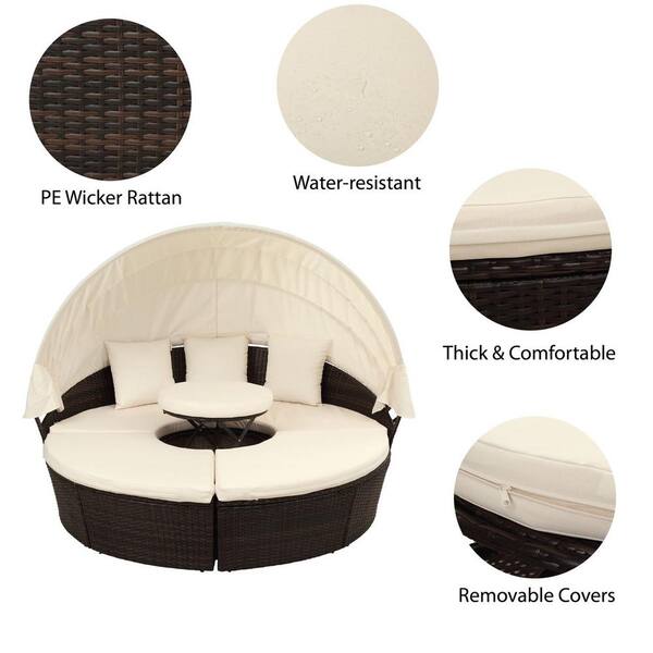 Direct Wicker Belle Patio Furniture Round Wicker Outdoor Daybed Sunbed With Retractable Canopy With Beige Cushion Sh000086aaa The Home Depot