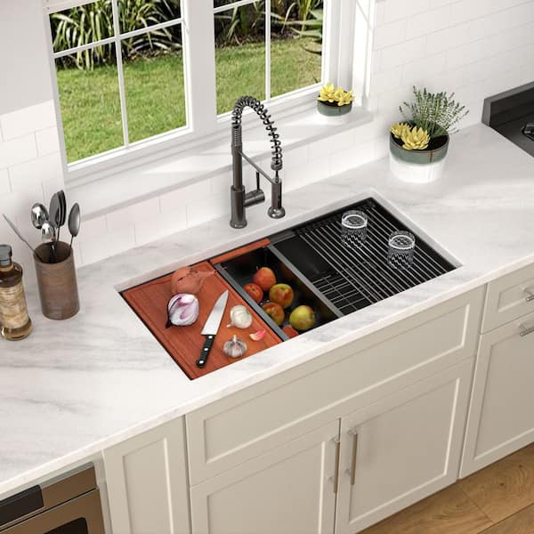 36 in. single Bowl Undermount Kitchen Sink Workstation Large Gunmetal Black 16 Gauge Stainless Steel Kitchen Sinks Set