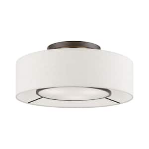 Ellsworth 17 in. 3-Light English Bronze Semi-Flush Mount with Oatmeal Color Fabric Shade