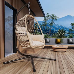 Foldable Hanging Metal Patio Swing Chair with Stand Natural Color