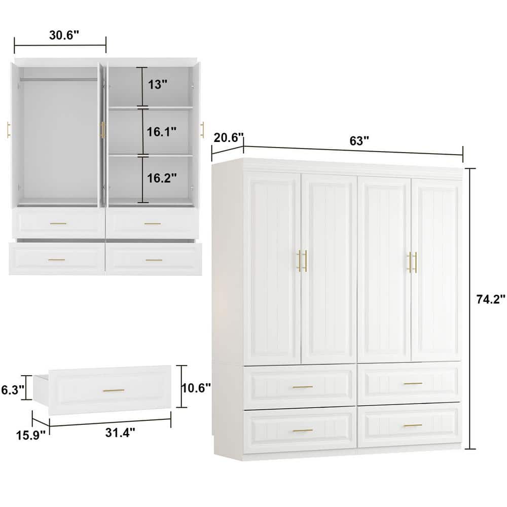 White Wood 63 in. W 4-Door Big Wardrobe Armoires with Hanging Rod, Drawers, Storage Shelves 74.2 in. H x 20.6 in. D - thumbnail 3