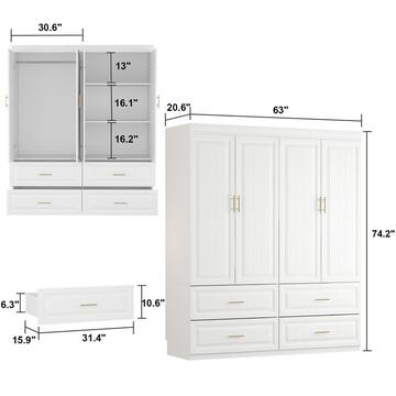 White Wood 63 in. W 4-Door Big Wardrobe Armoires with Hanging Rod, Drawers, Storage Shelves 74.2 in. H x 20.6 in. D