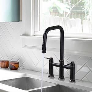 3 Holes Double Handle Brass Bridge Kitchen Faucet with Pull Down Sprayer and Supply Lines in Oil Rubbed Bronze