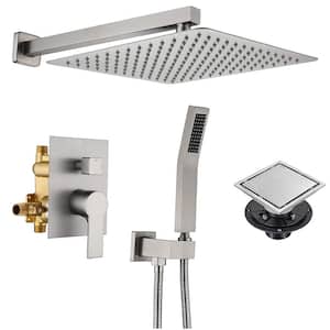 2-Spray 10 in. Shower Head Wall Mount Fixed and Handheld Shower Head 2.5 GPM in Brushed Nickel, with Shower Floor Drain