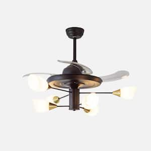 42 in. 6-Light Black Indoor Ceiling Fan with Remote, Retractable Ceiling Fan with Milky Lampshade, Bulbs Not Included