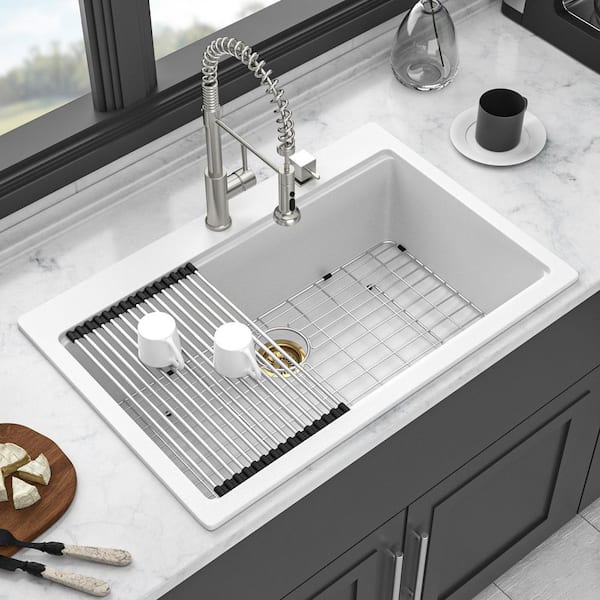 33 In. Drop in Single Bowl White Bowl Quartz Kitchen Sink Basin with Cutting Board