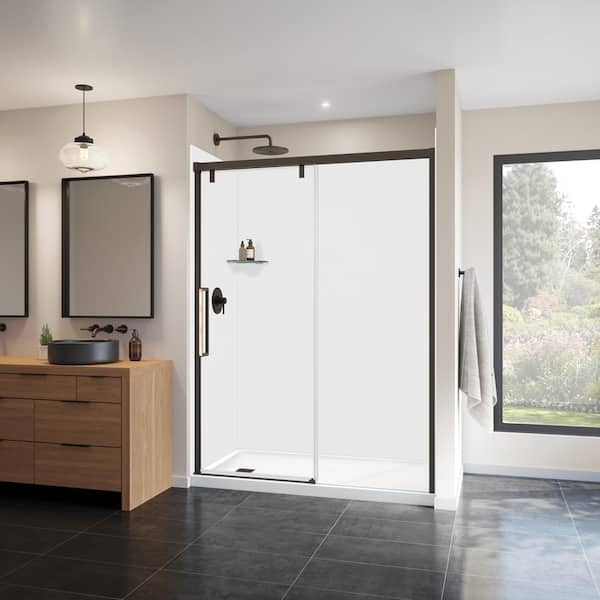 Uptown 56-59 in. W x 76 in. H Frameless Sliding Shower Door for Alcove w/ Clear Glass in Dark Bronze and Beige Marble