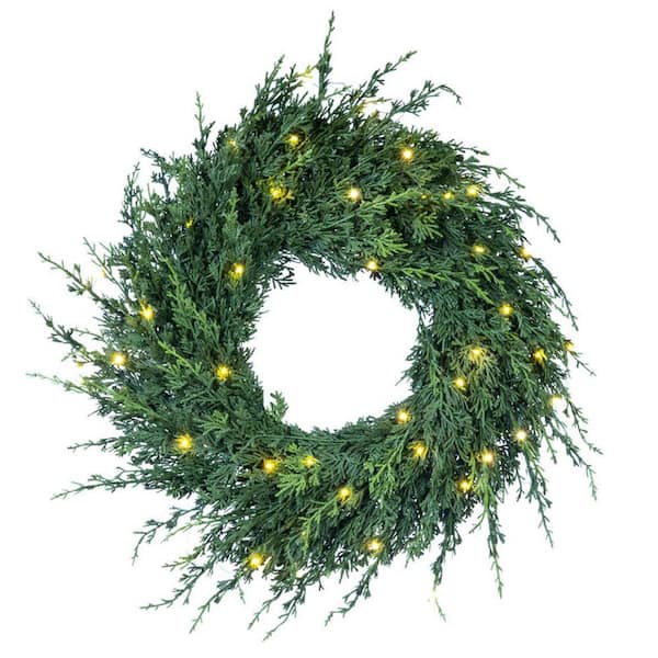 30 in. Green Battery-Operated Pre-Lit LED Cedar Artificial Christmas Wreath