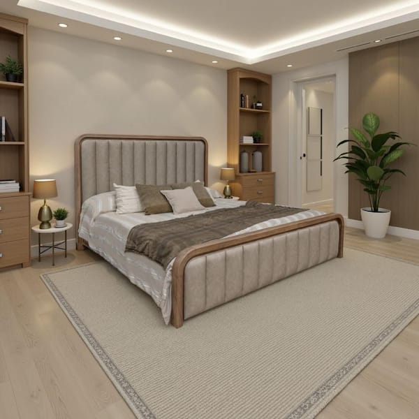 Benjara Okai Brown and Gray Wood Frame Queen Size Panel Bed with Mango Wood