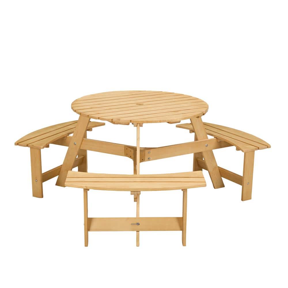 63 in. Natural Round Outdoor Wood Picnic Table Seats 6 Person with Umbrella