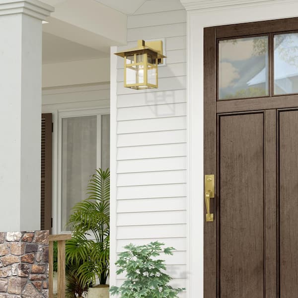Crestlake 11.5 in. 1-Light Satin Gold Outdoor Hardwired Wall Lantern Sconce with No Bulbs Included