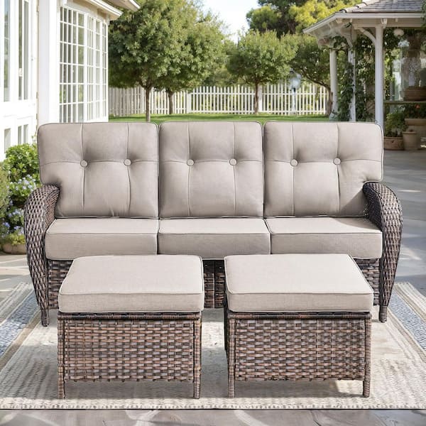 Modern Seaside Series 3-Piece Patio Wicker Outdoor Sofa with 2 Ottoman and Beige Cushions