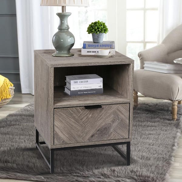 Anmytek Wood Nightstand Gray Bedside Farmhouse Sofa End Table with Storage Drawer 25.6 in. H x 15.6 in. W x 15.6 in. D
