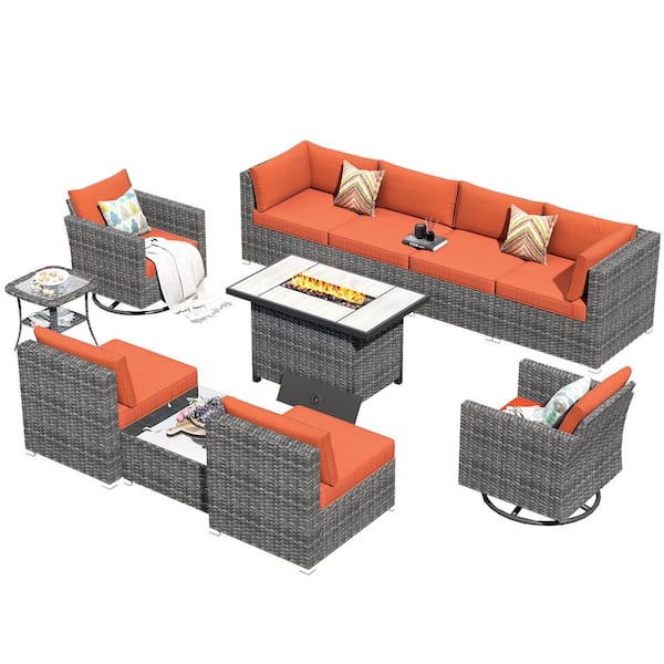 Messi Grey 11-Piece Wicker Outdoor Patio FirePit Conversation Sofa Set with Swivel Chairs and Orange Red Cushions