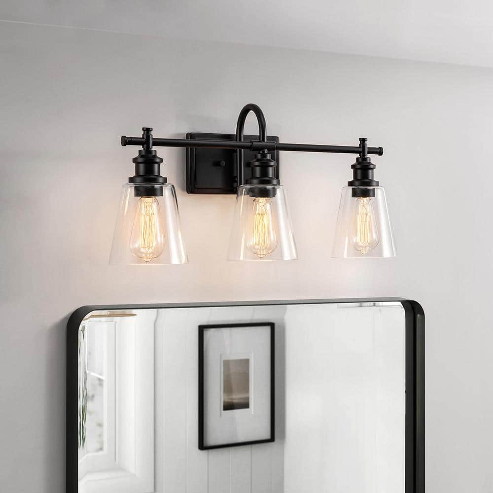 KAWOTI 24 in. 3Light Matte Black Vanity Light with Clear Glass Shade