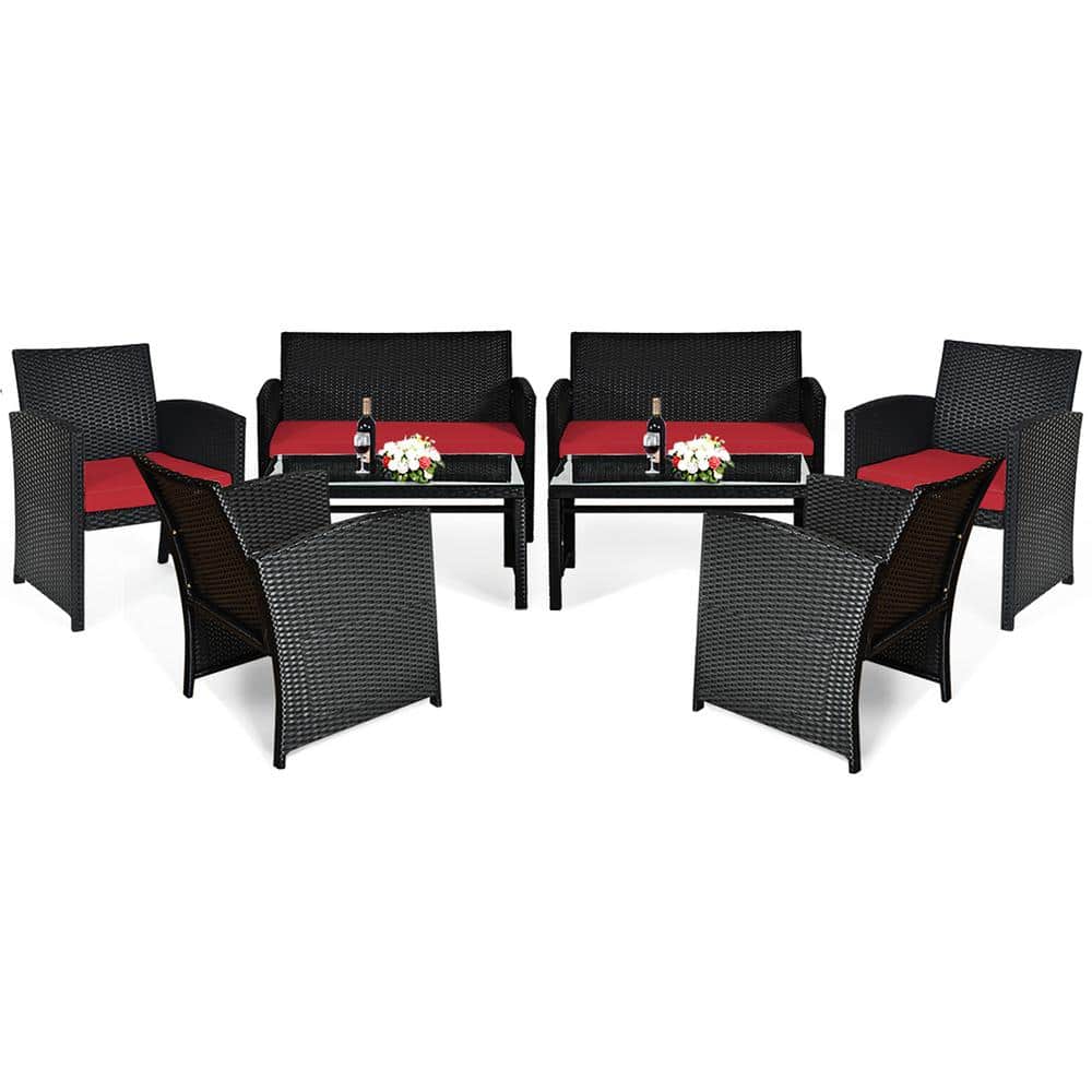 8-Pieces Plastic Metal Wicker Furniture Patio Conversation Set with Red Cushion Sofa Table Garden price history on PriceWatchPro