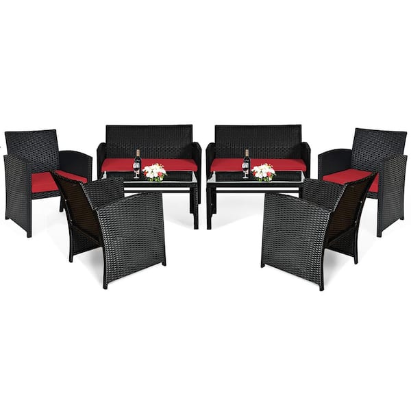 Costway 8-Pieces Plastic Metal Wicker Furniture Patio Conversation Set with Red Cushion Sofa Table Garden