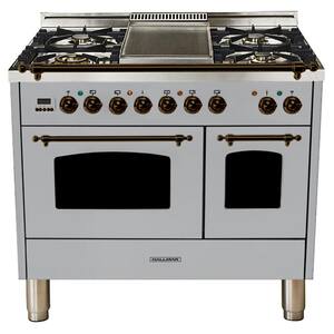 40 in. 4.0 cu. ft. Double Oven Dual Fuel Italian Range True Convection, 5 Burners, Griddle, Bronze Trim/Stainless Steel