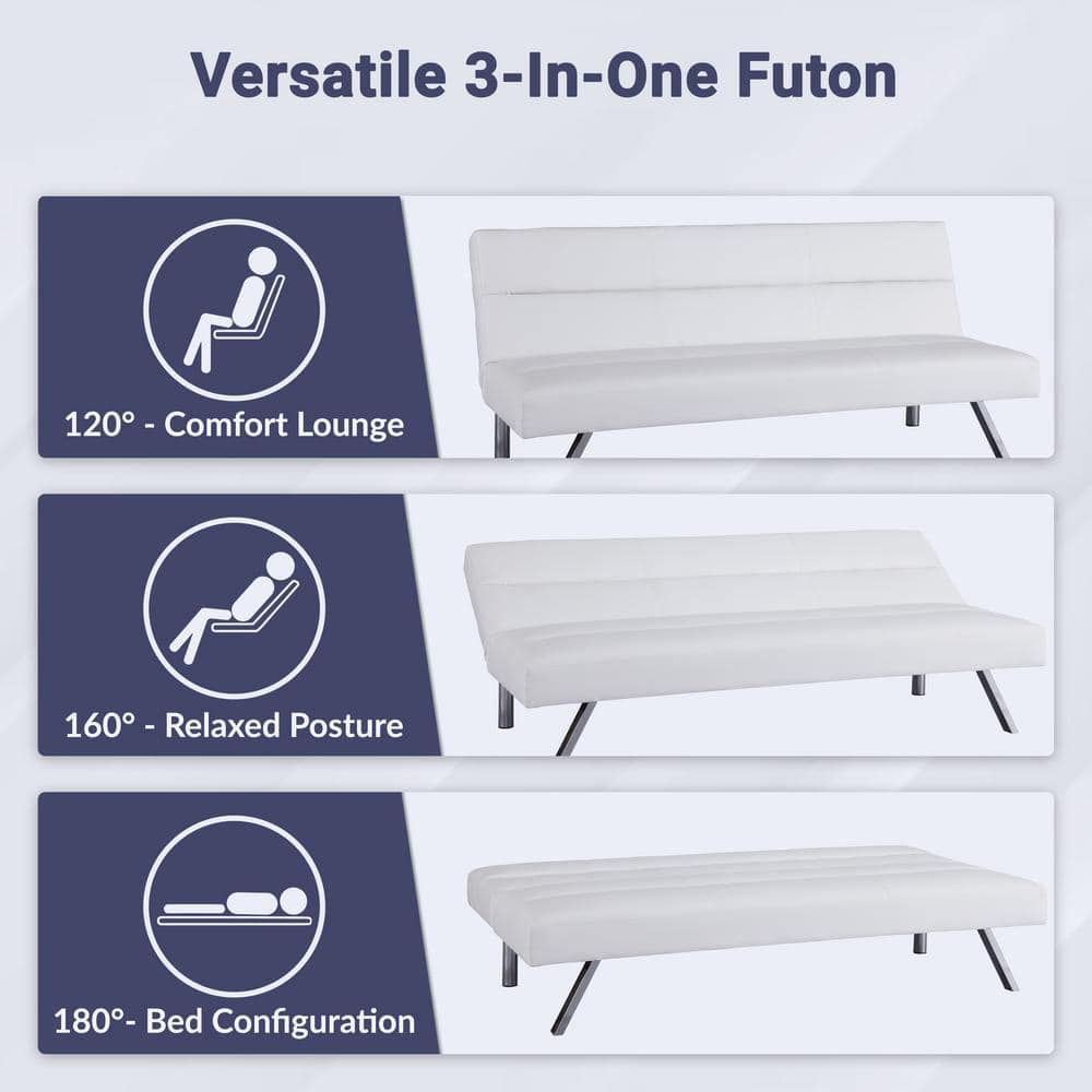 White Faux Leather Twin Sleeper Futon with Wood Frame