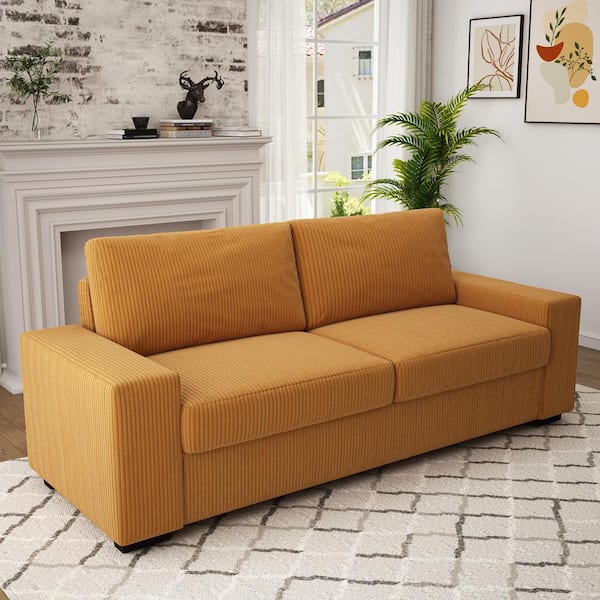 80 in. Square Arm Corduroy Fabric Upholstered Rectangle 2-Seater Sofa in Orange with Wood Legs