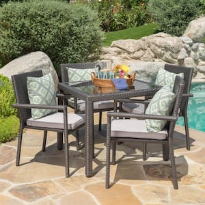 Gray 5-Piece Faux Rattan Square Outdoor Dining Set with Silver Cushion